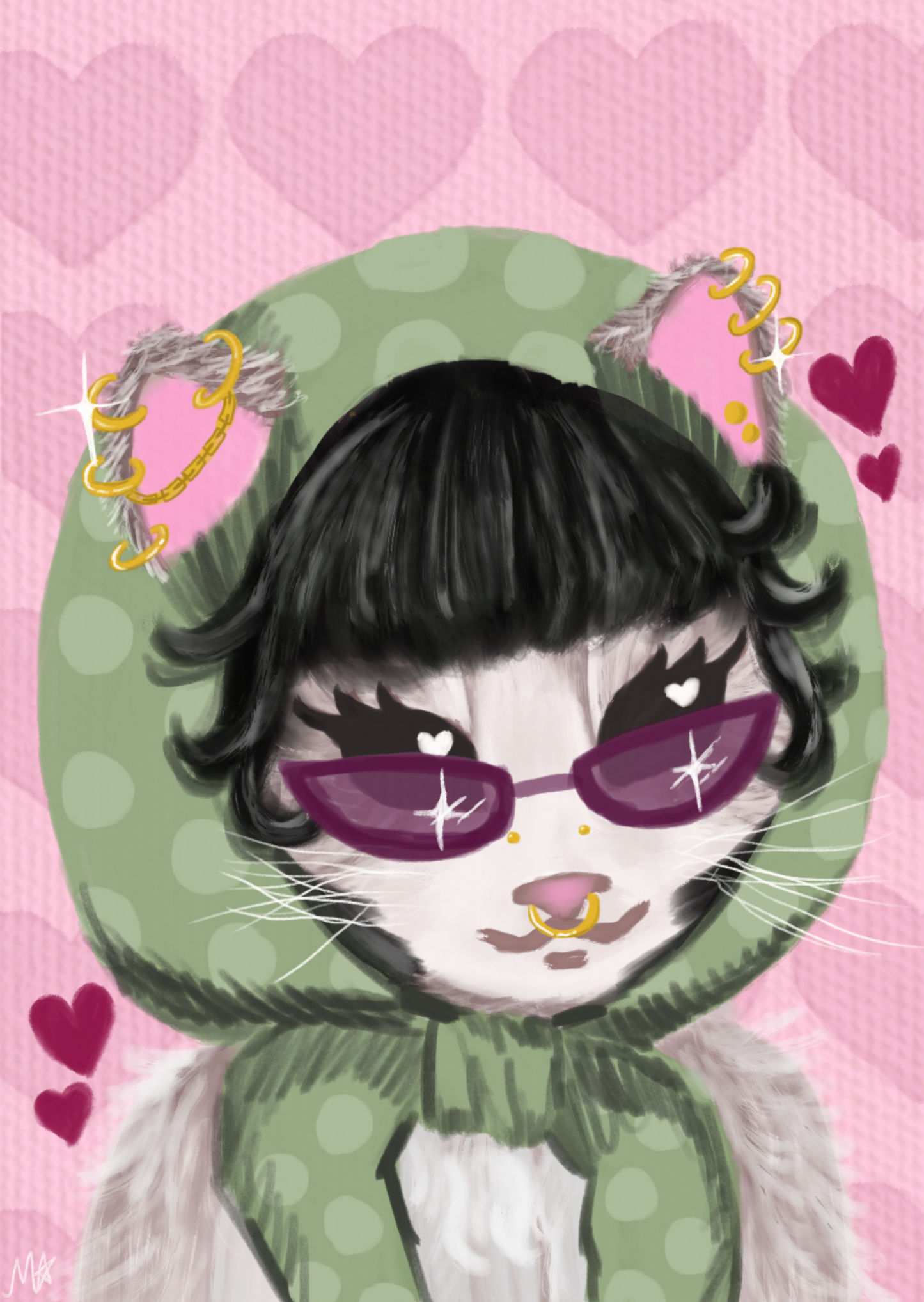 Illustration of a cat wearing sunglasses and a green hood with a pink heart pattern in the background.