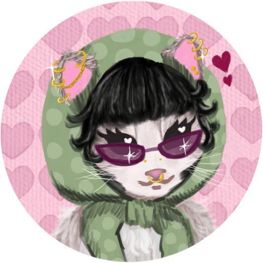 Illustration of a cat wearing sunglasses and a green sweater on a pink heart-patterned background
